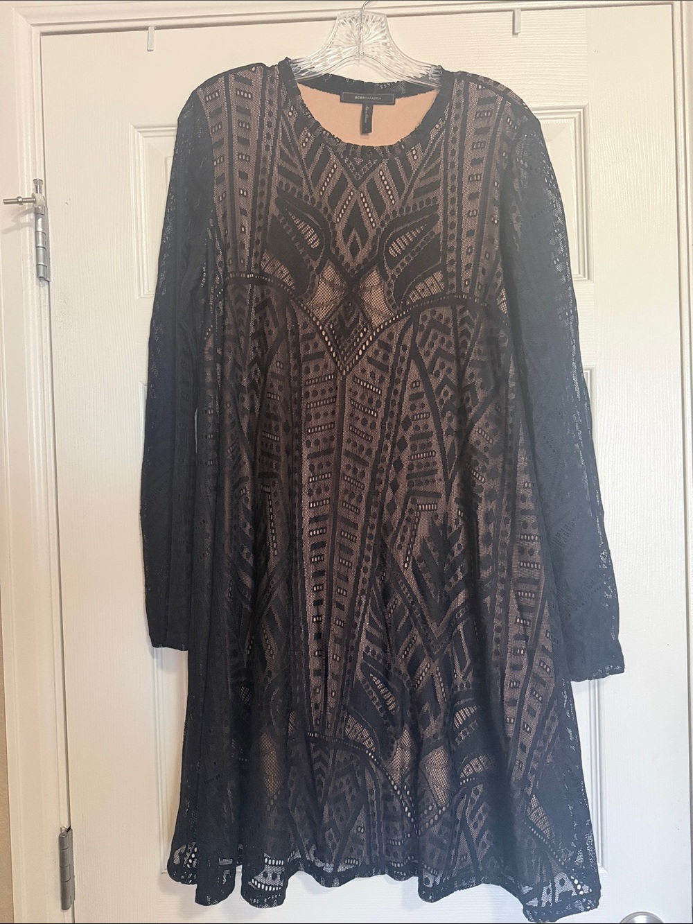 BCBGMaxAzria Black Lace Long Sleeve Fit-and-Flare Dress with Nude Lining